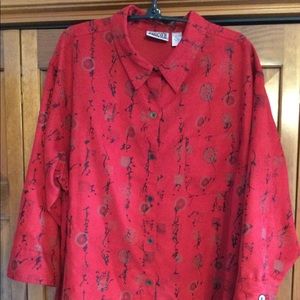Chico’s Red Faux Suede Shirt, Asian-inspired, sz XL